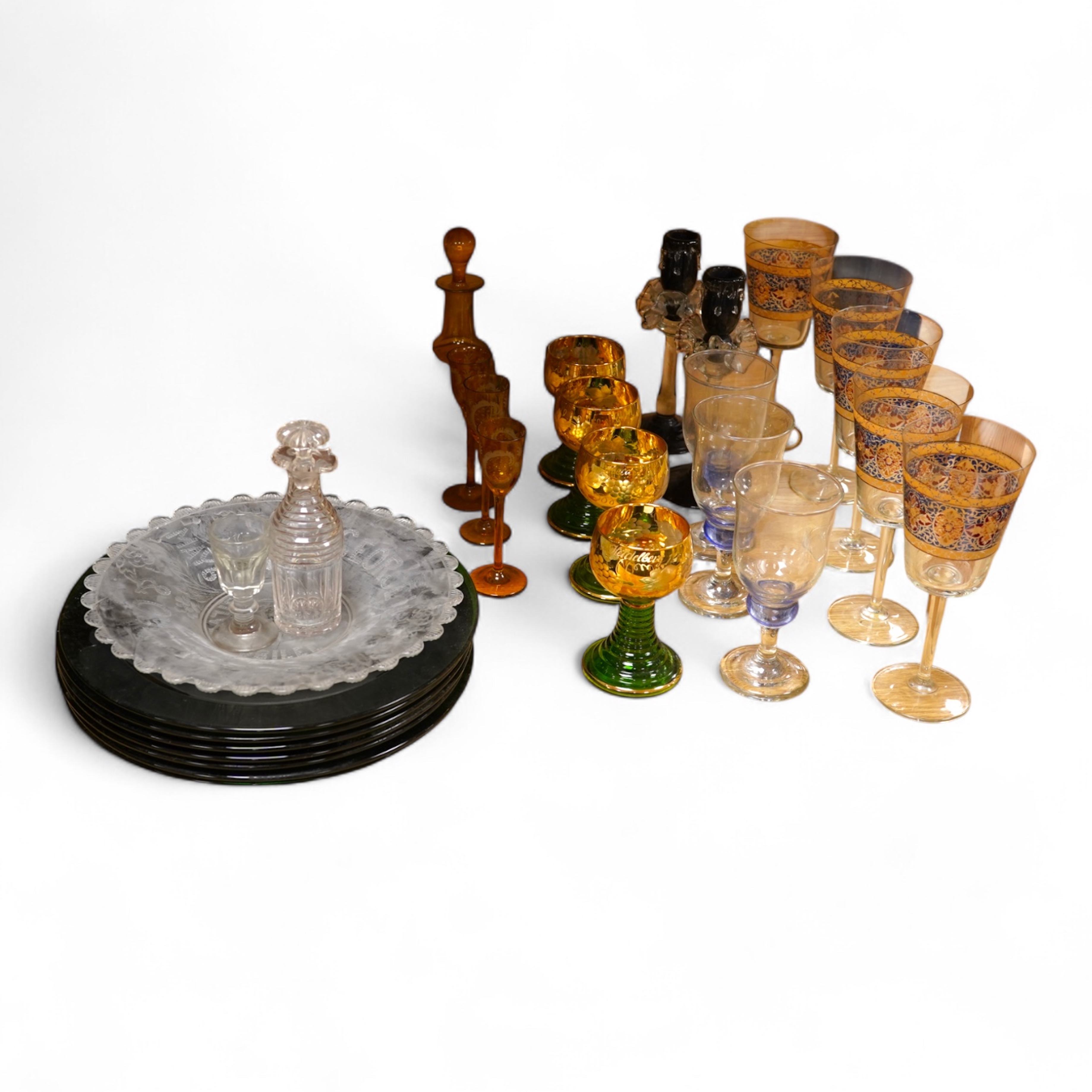 A quantity of 20th century coloured and clear glassware together with a mid 18th century Silesian stem glass tazza, largest 33cm in diameter
